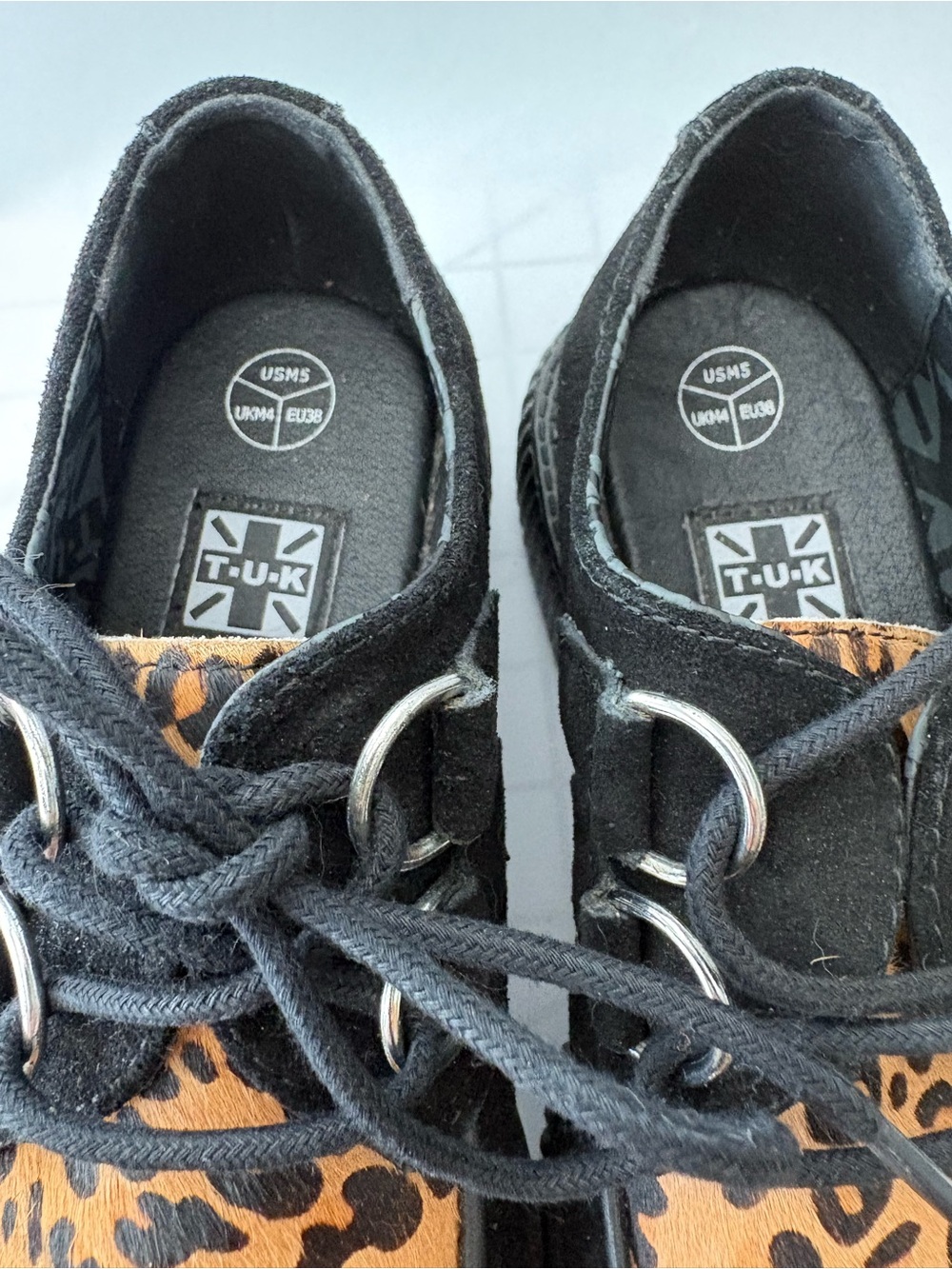 TUK Black Viva Creepers Black Leather Suede wi Leopard Print Cow Fur Black NWT - Picture 5 of 6